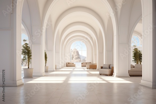 A luxurious hall of marble arches and white chairs invites you into a majestic corridor of grandeur and serenity