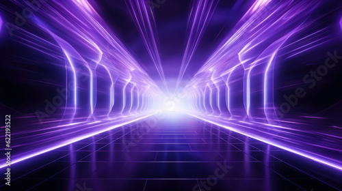 Abstract purple tunnel corridor with rays of light background. abstract background with neon lights. neon tunnel.space construction