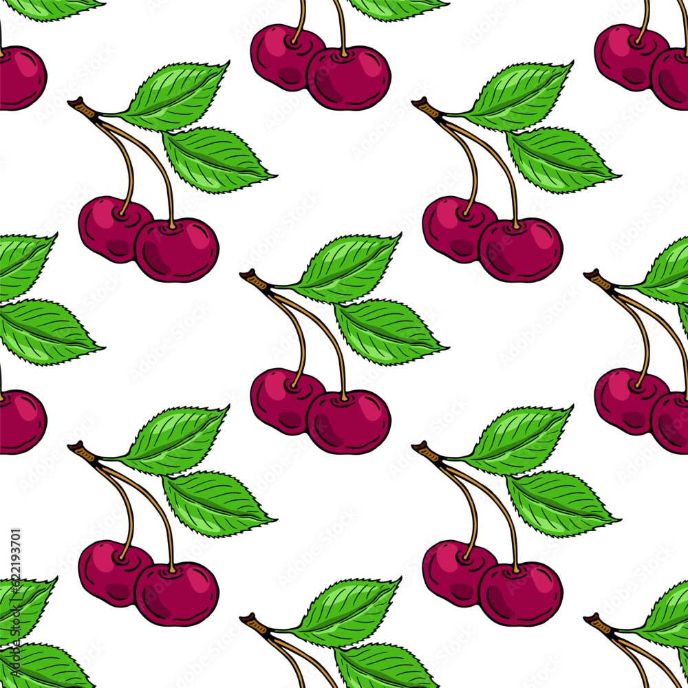 Сherry branch, two red cherries and green leaves. Seamless pattern. Vector illustration. Сherry branch, two red cherries and green leaves. Seamless pattern. Vector illustration.