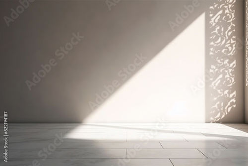 A light gray wall with a smooth floor and a beautiful openwork shadow, Minimalistic background for presentation