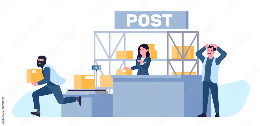 Black masked postal worker steals packages from post office. Theft at post office, cardboard parcel, man and woman worker, delivery warehouse. Cartoon flat style isolated png concept Black masked postal worker steals packages from post office. Theft at post office, cardboard parcel, man and woman worker, delivery warehouse. Cartoon flat style isolated png concept