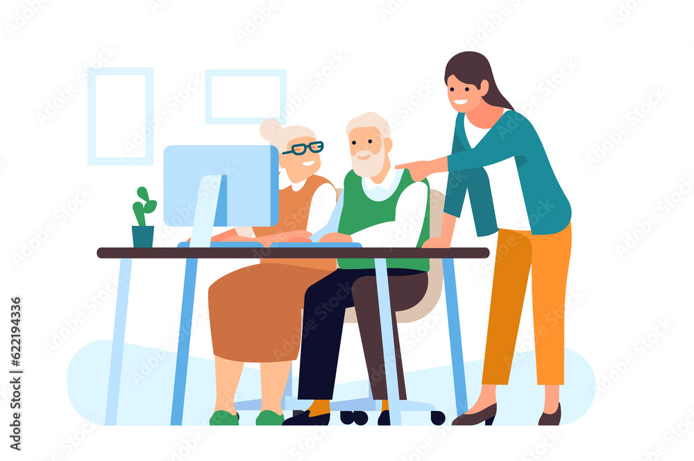 Granddaughter helps elderly parents figure out computer. Daughter teaching senior people. Family generations. Grandparents sitting at PC screen. Online communication. png concept Granddaughter helps elderly parents figure out computer. Daughter teaching senior people. Family generations. Grandparents sitting at PC screen. Online communication. png concept