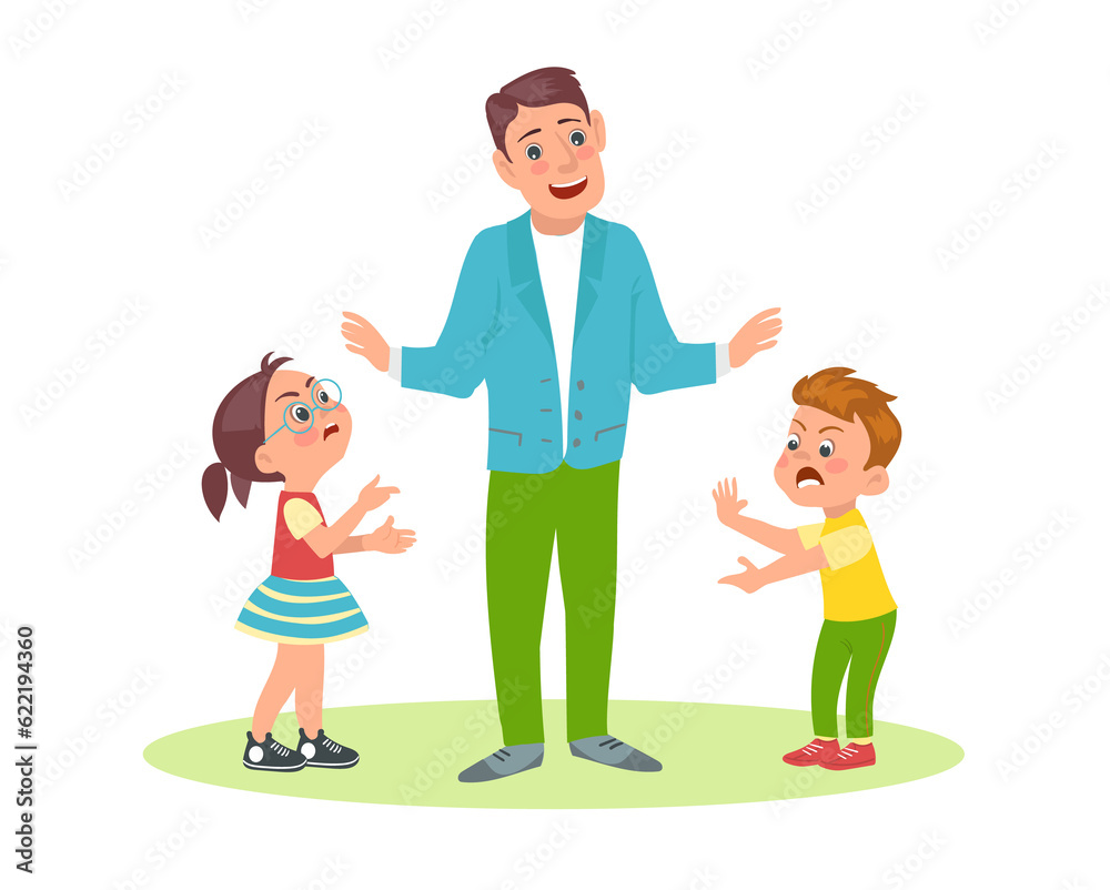 Father mediates between two angry quarreling children. Parent stops conflict. Kids arguing and shouting. Yelling son and daughter. Brother and sister dispute. Bad behavior. png concept
