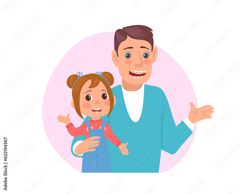 Health and dental care. Smiling father and daughter with teeth braces. Tooth correction. Medical brackets. Orthodontic treatment. Dentists appointment. Girl and parent. png concept Health and dental care. Smiling father and daughter with teeth braces. Tooth correction. Medical brackets. Orthodontic treatment. Dentists appointment. Girl and parent. png concept
