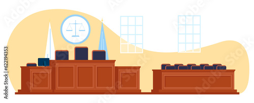 Courtroom with space for judge and jurors. Attorney workplace. Clerk and witnesses tables. Courthouse room empty interior. Wooden tribunes and armchairs. Court furniture. png concept