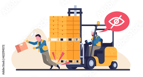 Forklift truck with cargo in warehouse hits man. Unseen workman. Driver injures invisible loader. Cardboard boxes on pallet. Freight transportation. Industrial accident. png concept