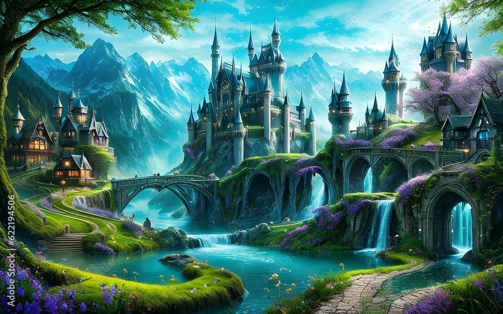 Serene wonderland moody cold place environment by magical park swarm of sky clouds over castle