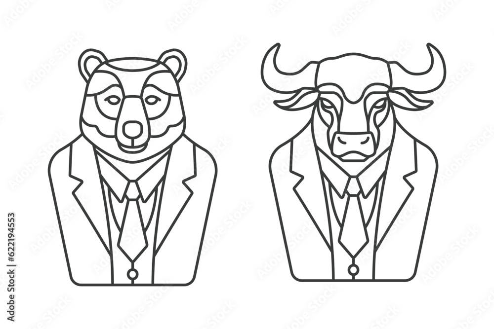 Bull line icon representing a bullish market. Bear line icon representing a bearish market. investing financial symbols for business icons. Bull and Bear as businessmen in suits vector illustrations Bull line icon representing a bullish market. Bear line icon representing a bearish market. investing financial symbols for business icons. Bull and Bear as businessmen in suits vector illustrations