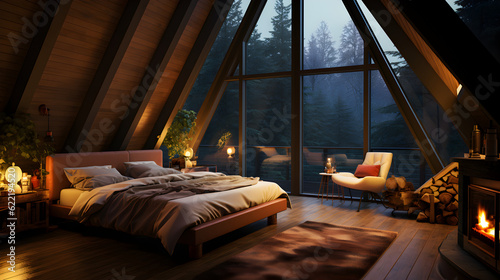 Bedroom with panoramic glass doors,heavy rain, foggy forest, fog, it's raining outside, Bedroom with large glass window,attic bedroom, wooden wall Generative AI