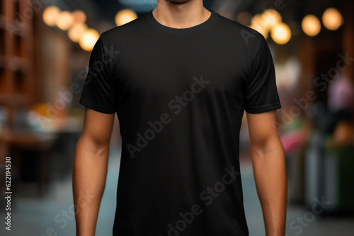 a plain black t-shirt mockup, while an unrecognizable male model with brown hair wears it, studio light, blurred background, front view, photorealistic, no graphic