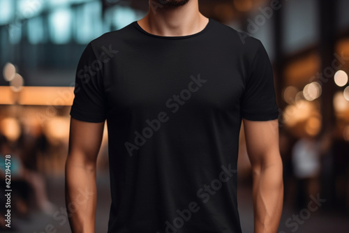 a plain black t-shirt mockup, while an unrecognizable male model with brown hair wears it, studio light, blurred background, front view, photorealistic, no graphic