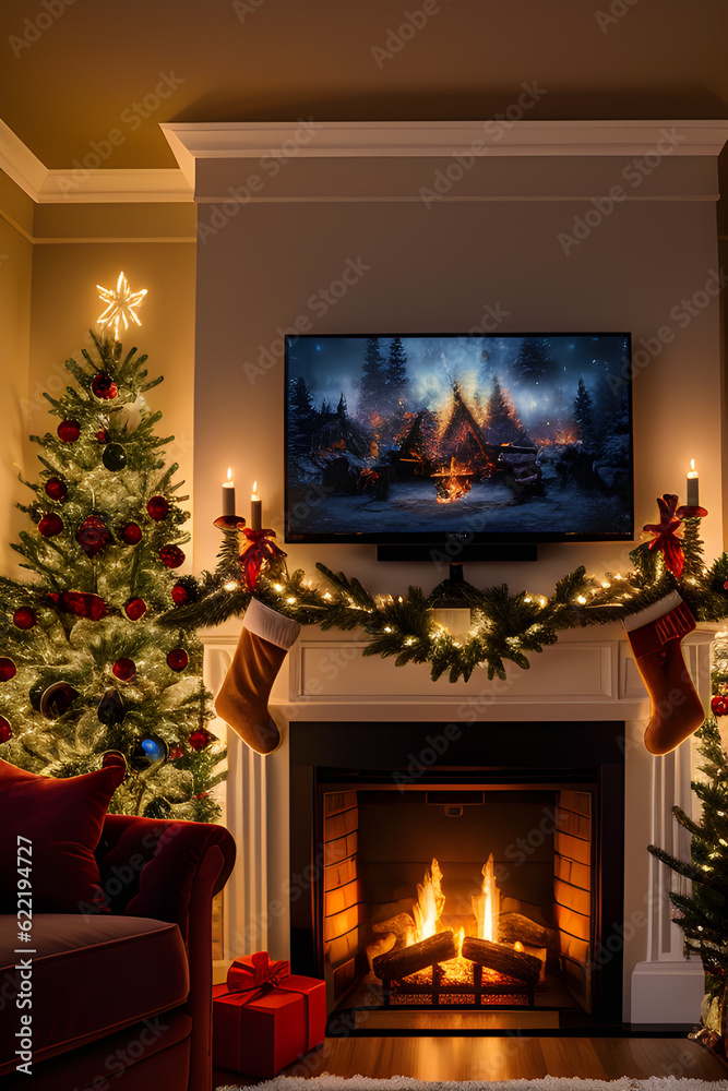 Fireplace at Christmas with stockings