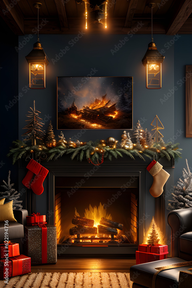 Fireplace at Christmas with stockings Fireplace at Christmas with stockings