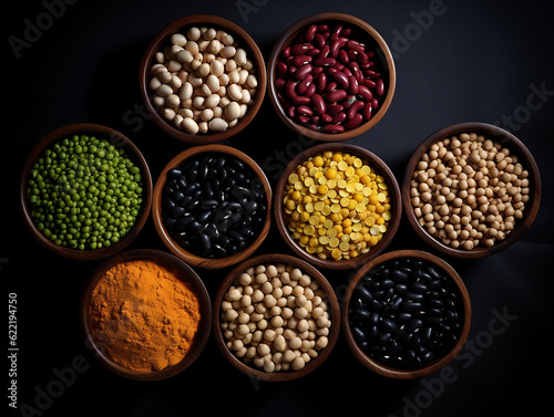 bowls with legumes on a black background