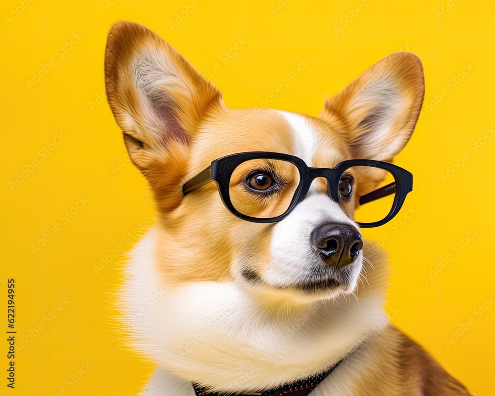 Cute corgi dog looking at laptop in glasses on yellow background. Created with Generative AI technology. Cute corgi dog looking at laptop in glasses on yellow background. Created with Generative AI technology.