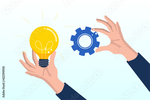 Businessman hand holding light bulb idea implementing cogwheel to make it work, implement business idea, development process, project implementation, new innovation, optimization or solution (Vector)