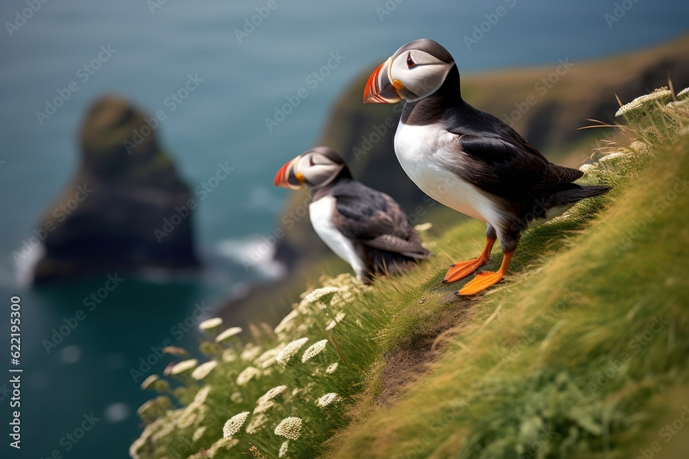 a pair of puffins sitting on a cliff together, great saltee island, ireland, europe a pair of puffins sitting on a cliff together, great saltee island, ireland, europe