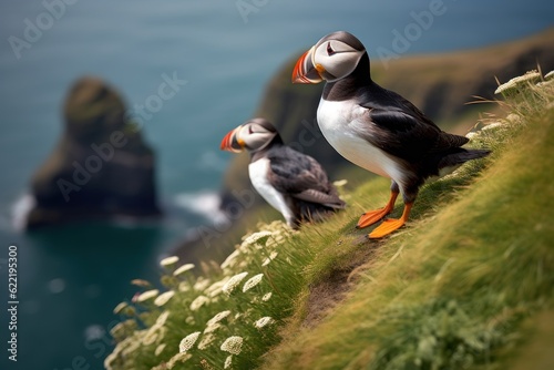 a pair of puffins sitting on a cliff together, great saltee island, ireland, europe