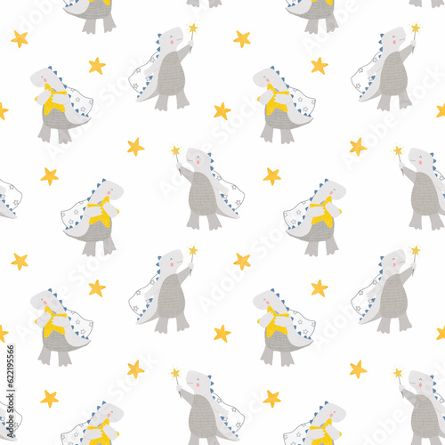 Beautiful kids seamless pattern with hand drawn cute dinosaurs and stars. Stock illustration. photo