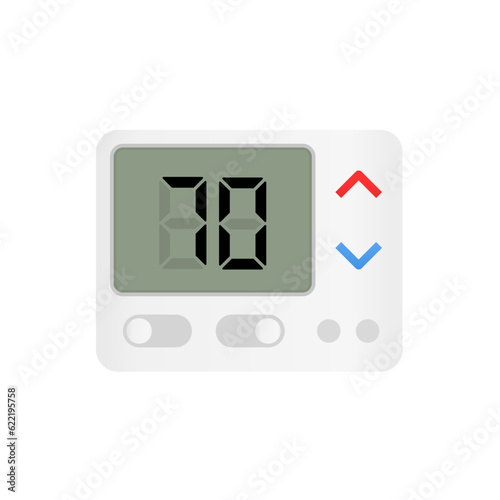 Electronic thermostat with screen for floor heating. Temperature control. Temperature controller with round end square buttons. Stylish gray home gadget. Vector illustration