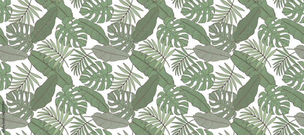 Fototapeta premium Tropical seamless pattern with green monstera and palm leaves, banana leaves. Pattern for wallpapers, backgrounds, textiles, covers, item designs