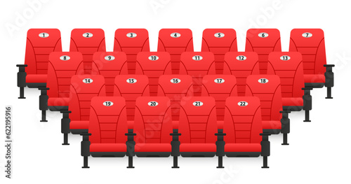 Realistic comfortable movie chairs. Movie theater with rows of red empty chairs, cinema hall seats. Movie chairs with license plates. Vector illustration