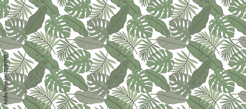 Tropical seamless pattern with green monstera and palm leaves, banana leaves. Pattern for wallpapers, backgrounds, textiles, covers, item designs