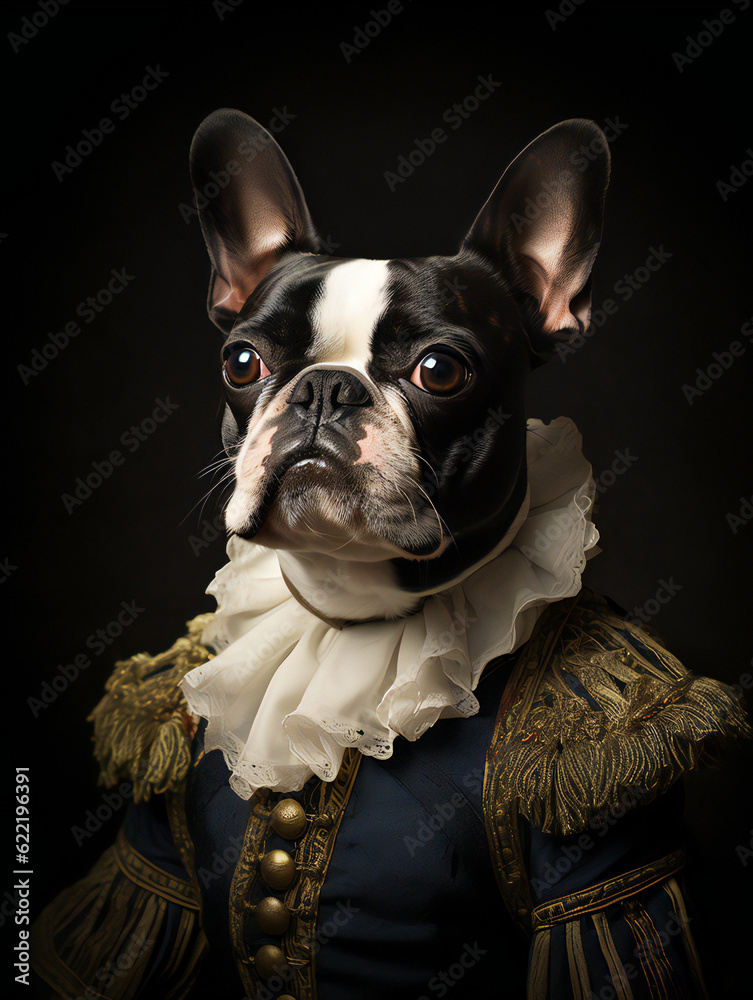 Funny Dog Royal Portrait of a Boston terrier. Generative AI.