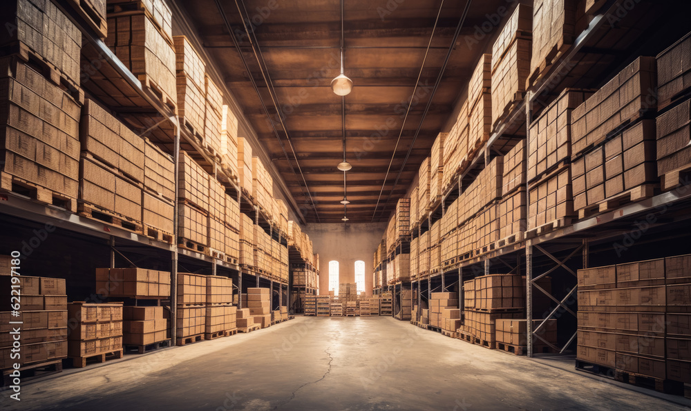 Wooden or cardboard boxes stacked on the shelves of the spacious warehouse. Storage of products. Generative AI. Wooden or cardboard boxes stacked on the shelves of the spacious warehouse. Storage of products. Generative AI.