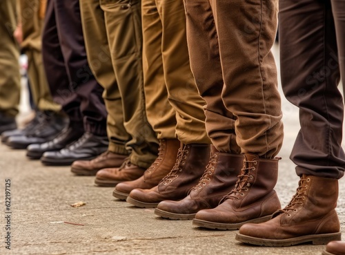 Military boots on the legs of soldiers in a row. Created with Generative AI technology.