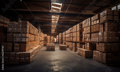 Big premise of warehouse with numerous cardboard boxes. Logistics and trade concept. Generative AI.