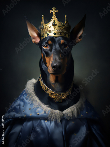 Funny Dog Royal Portrait of a Doberman pincher. Generative AI. © s1llu