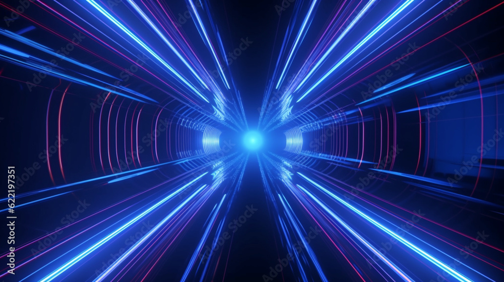 Abstract 3d illustration of dark blue neon illumination in endless futuristic tunnel in 4k