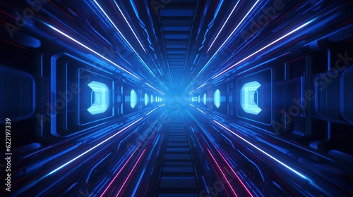 Abstract 3d illustration of dark blue neon illumination in endless futuristic tunnel in 4k