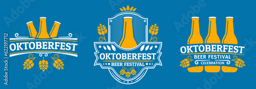 Oktoberfest logo or label set. Beer festival vintage design. October fest emblem, poster or banner template. Traditional German, Bavarian beer festival sign or icon. Vector illustration.