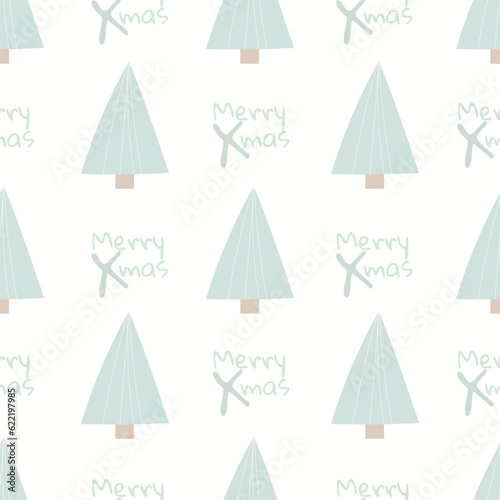 Christmas pattern background with hand drawn Christmas treesand xmas text. Seamless Vector wrap paper for holidays photo