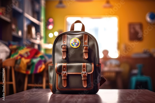 Vintage orange backpack with school supplies on table. Back to school concept.