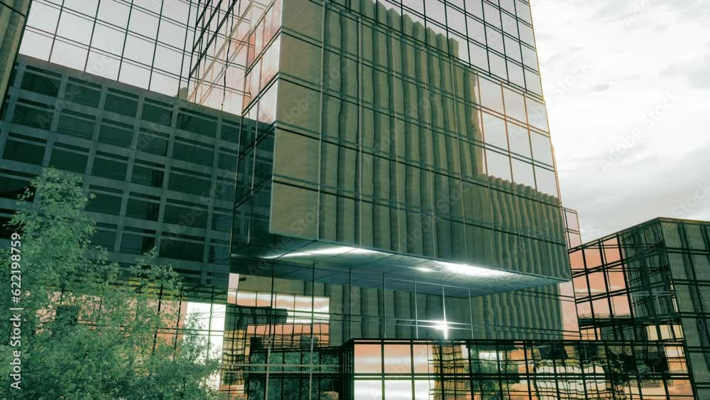 Abstract concrete corporate glass building timelapse. Sunrise mirrored from the glass and steel.
