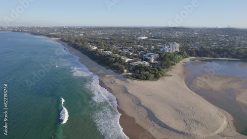 Sand Dunes At The Mouth Of Currimundi Creek Near Wurtulla Beach In Queensland, Australia. aerial photo