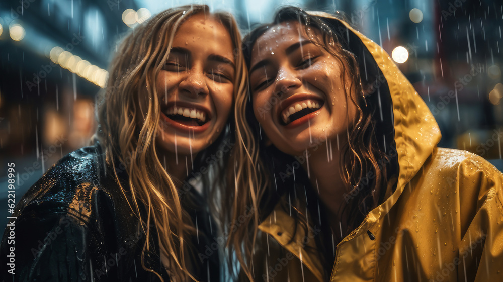 girlfriends have fun in the rain in the city