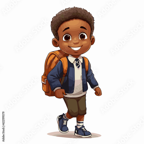 simple cartoon clipart black african american boy student child going to school white background