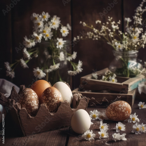 Congratulatory Easter background. Easter eggs on a wooden table and flowers.Generative AI