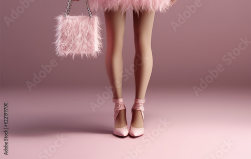 long female legs in pink shoes on a pink background, with a pink handbag .candy style.Generative AI