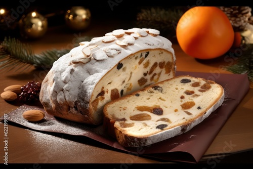 Christmas stollen on a textured table. Traditional German Christmas dessert cut into pieces. Cake with nuts, cinnamon, raisins, dried fruits and marzipan. baking for Christmas. Place for text
