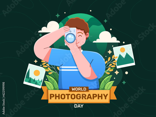 Celebrate World Photography Day with an illustration of a photographer capturing moments with a camera. This artwork embodies creativity and visual storytelling, showcasing the passion of photographer