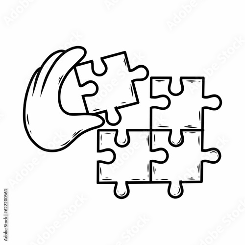 Puzzle and hand. Suitable detail. Vector doodle illustration.