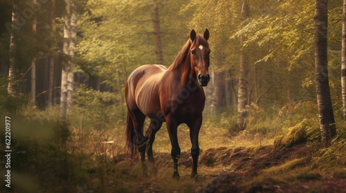 A horse standing in the middle of a forest, Generative AI