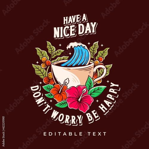 a cup of hawaii coffee with coffee plant, wave, and spring flowers