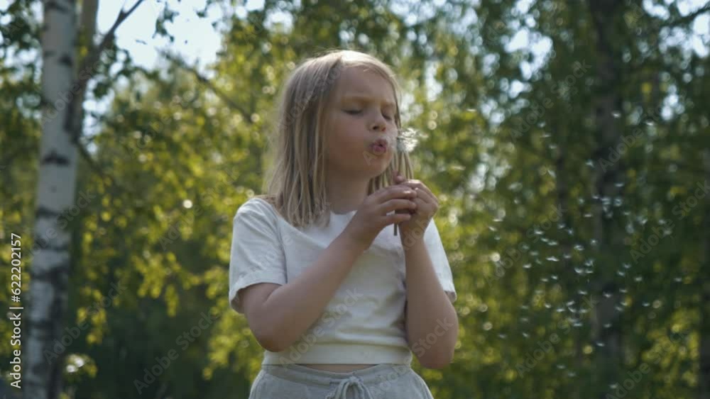 Slomo close up shot of cute little blonde girl blowing dandelion seed head. Static Slomo close up shot of cute little blonde girl blowing dandelion seed head. Static