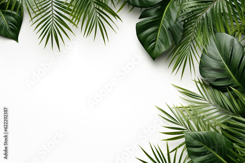 Tropical palm leaves on white background. Flat lay  top view